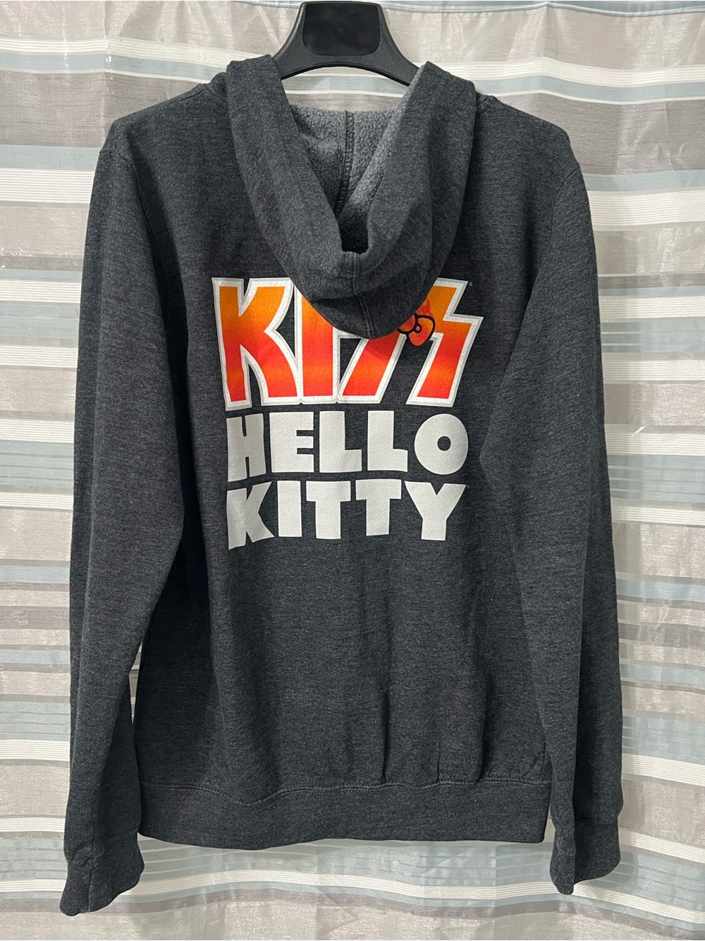 Hello Kitty Kiss Band Graphic Dark Gray Zip Hoodie with Orange Bows Theme - Picture 2 of 9
